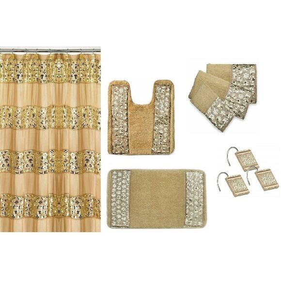 7 Piece Sinatra Gold Shower Curtain, Resin Shower Hooks, 2 Rugs and Towel Sett